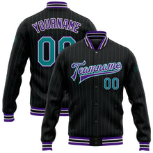 Load image into Gallery viewer, Custom Black Teal Pinstripe Purple Bomber Full-Snap Varsity Letterman Jacket
