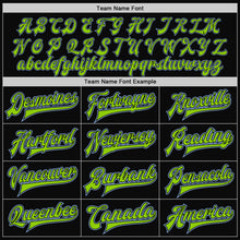 Load image into Gallery viewer, Custom Black Light Blue Pinstripe Neon Green Bomber Full-Snap Varsity Letterman Jacket
