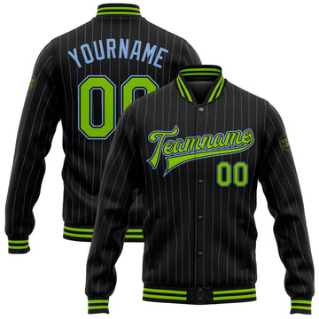 Custom Black Light Blue Pinstripe Neon Green Bomber Full-Snap Varsity Letterman Jacket