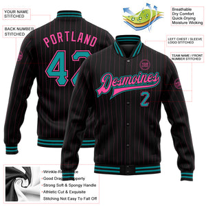 Custom Black Pink Pinstripe Teal Bomber Full-Snap Varsity Letterman Jacket