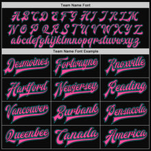 Load image into Gallery viewer, Custom Black Pink Pinstripe Teal Bomber Full-Snap Varsity Letterman Jacket
