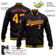 Load image into Gallery viewer, Custom Black Pink Pinstripe Gold Bomber Full-Snap Varsity Letterman Jacket
