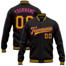 Load image into Gallery viewer, Custom Black Pink Pinstripe Gold Bomber Full-Snap Varsity Letterman Jacket
