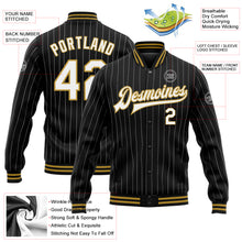 Load image into Gallery viewer, Custom Black White Pinstripe Old Gold Bomber Full-Snap Varsity Letterman Jacket
