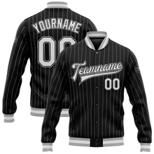 Load image into Gallery viewer, Custom Black White Pinstripe Gray Bomber Full-Snap Varsity Letterman Jacket
