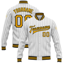 Load image into Gallery viewer, Custom White Black Pinstripe Gold Bomber Full-Snap Varsity Letterman Jacket
