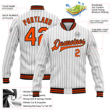 Load image into Gallery viewer, Custom White Black Pinstripe Orange Bomber Full-Snap Varsity Letterman Jacket
