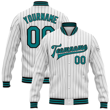 Custom White Black Pinstripe Teal Bomber Full-Snap Varsity Letterman Jacket