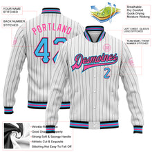 Load image into Gallery viewer, Custom White Black Pinstripe Sky Blue-Pink Bomber Full-Snap Varsity Letterman Jacket
