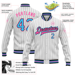 Custom White Black Pinstripe Sky Blue-Pink Bomber Full-Snap Varsity Letterman Jacket