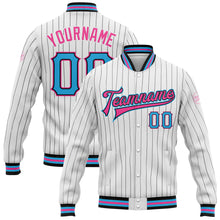 Load image into Gallery viewer, Custom White Black Pinstripe Sky Blue-Pink Bomber Full-Snap Varsity Letterman Jacket
