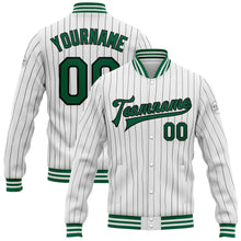 Load image into Gallery viewer, Custom White Black Pinstripe Kelly Green Bomber Full-Snap Varsity Letterman Jacket
