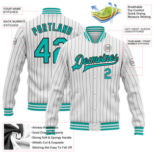 Custom White Black Pinstripe Aqua Bomber Full-Snap Varsity Letterman Jacket