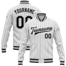 Load image into Gallery viewer, Custom White Black Pinstripe Gray Bomber Full-Snap Varsity Letterman Jacket
