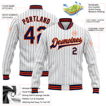 Load image into Gallery viewer, Custom White Navy Pinstripe Orange Bomber Full-Snap Varsity Letterman Jacket
