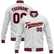 Load image into Gallery viewer, Custom White Navy Pinstripe Orange Bomber Full-Snap Varsity Letterman Jacket
