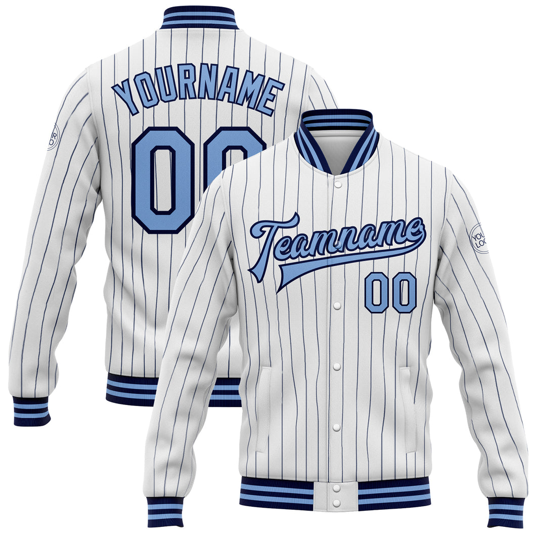 Custom White Navy Pinstripe Light Blue Bomber Full-Snap Varsity Letterman Jacket