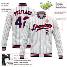 Load image into Gallery viewer, Custom White Navy Pinstripe Red Bomber Full-Snap Varsity Letterman Jacket
