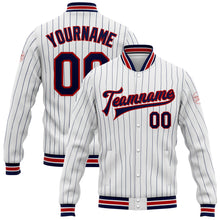 Load image into Gallery viewer, Custom White Navy Pinstripe Red Bomber Full-Snap Varsity Letterman Jacket
