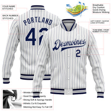 Load image into Gallery viewer, Custom White Navy Pinstripe Gray Bomber Full-Snap Varsity Letterman Jacket
