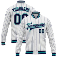 Load image into Gallery viewer, Custom White Navy Pinstripe Gray-Teal Bomber Full-Snap Varsity Letterman Jacket
