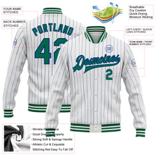 Load image into Gallery viewer, Custom White Royal Pinstripe Kelly Green Bomber Full-Snap Varsity Letterman Jacket
