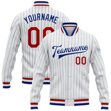 Load image into Gallery viewer, Custom White Royal Pinstripe Red Bomber Full-Snap Varsity Letterman Jacket
