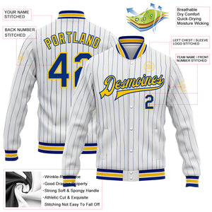 Custom White Royal Pinstripe Yellow Bomber Full-Snap Varsity Letterman Jacket