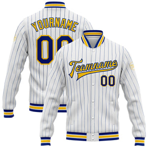 Custom White Royal Pinstripe Yellow Bomber Full-Snap Varsity Letterman Jacket