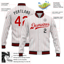 Load image into Gallery viewer, Custom White Red Pinstripe Black Bomber Full-Snap Varsity Letterman Jacket
