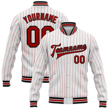 Load image into Gallery viewer, Custom White Red Pinstripe Black Bomber Full-Snap Varsity Letterman Jacket
