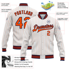 Load image into Gallery viewer, Custom White Orange Pinstripe Navy Bomber Full-Snap Varsity Letterman Jacket
