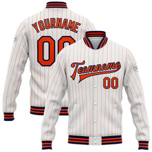 Load image into Gallery viewer, Custom White Orange Pinstripe Navy Bomber Full-Snap Varsity Letterman Jacket
