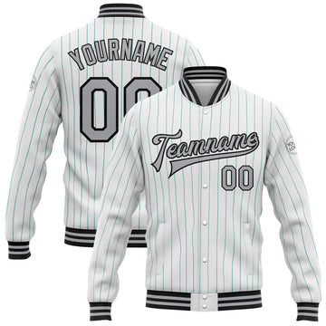 Custom White Teal Pinstripe Gray-Black Bomber Full-Snap Varsity Letterman Jacket