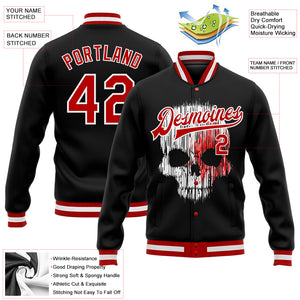 Custom Black Red-White Skull Fashion 3D Bomber Full-Snap Varsity Letterman Jacket