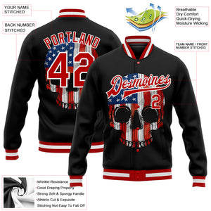 Custom Black Red-White Skull With American Flag 3D Bomber Full-Snap Varsity Letterman Jacket