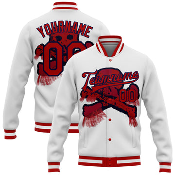 Custom White Red-Navy Skull Fashion 3D Bomber Full-Snap Varsity Letterman Jacket