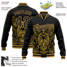 Load image into Gallery viewer, Custom Black Old Gold Skull Fashion 3D Bomber Full-Snap Varsity Letterman Jacket

