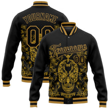 Load image into Gallery viewer, Custom Black Old Gold Skull Fashion 3D Bomber Full-Snap Varsity Letterman Jacket
