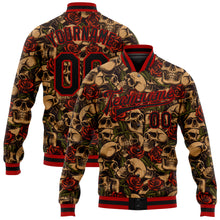 Load image into Gallery viewer, Custom Black Red Rose Skull Fashion 3D Bomber Full-Snap Varsity Letterman Jacket
