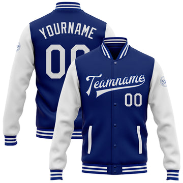 Custom Royal White Bomber Full-Snap Varsity Letterman Two Tone Jacket