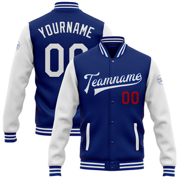 Custom Royal White-Red Bomber Full-Snap Varsity Letterman Two Tone Jacket