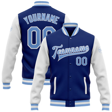 Custom Royal Light Blue-White Bomber Full-Snap Varsity Letterman Two Tone Jacket