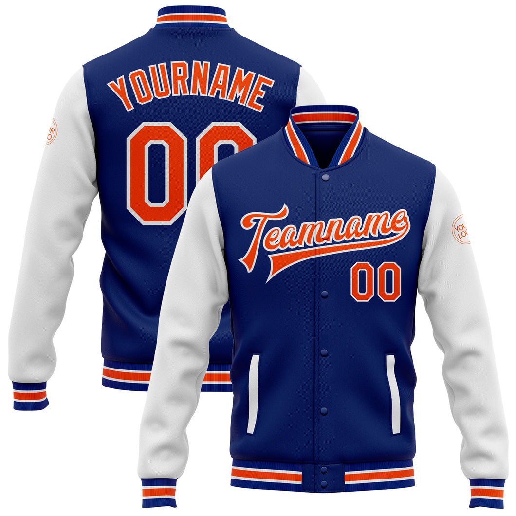 Custom Royal Orange-White Bomber Full-Snap Varsity Letterman Two Tone Jacket