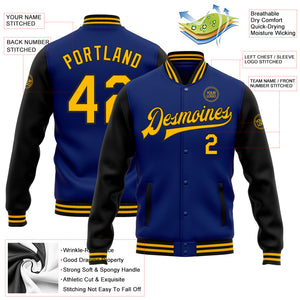 Custom Royal Gold-Black Bomber Full-Snap Varsity Letterman Two Tone Jacket