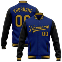 Load image into Gallery viewer, Custom Royal Old Gold-Black Bomber Full-Snap Varsity Letterman Two Tone Jacket
