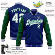 Load image into Gallery viewer, Custom Royal White-Kelly Green Bomber Full-Snap Varsity Letterman Two Tone Jacket
