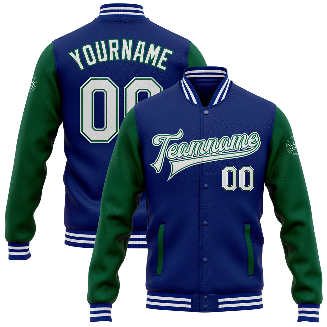 Custom Royal White-Kelly Green Bomber Full-Snap Varsity Letterman Two Tone Jacket