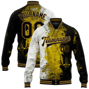 Custom Graffiti Pattern Black-Old Gold Grunge Art 3D Bomber Full-Snap Varsity Letterman Jacket