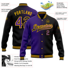 Load image into Gallery viewer, Custom Black Purple-Gold Bomber Full-Snap Varsity Letterman Gradient Fashion Jacket
